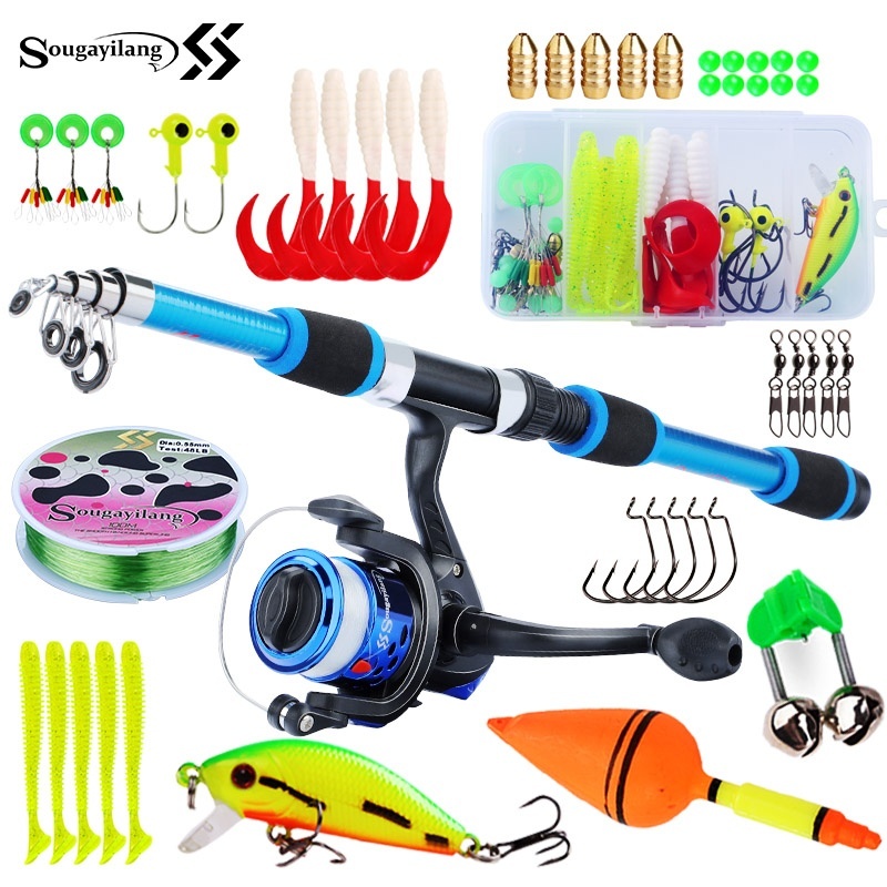 Freshwater Line - Sougayilang-子供用の完全な釣り竿セット,伸縮式釣り竿セット,スピニングリール,ベイトフック,塩水旅行キット